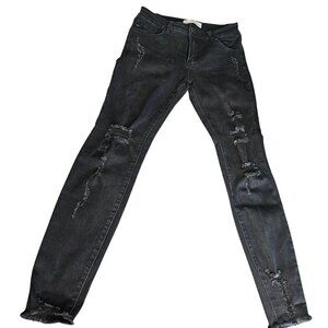 Kancan Mid Rise Distressed Skinny Jeans Black Raw Hem Size 5/26